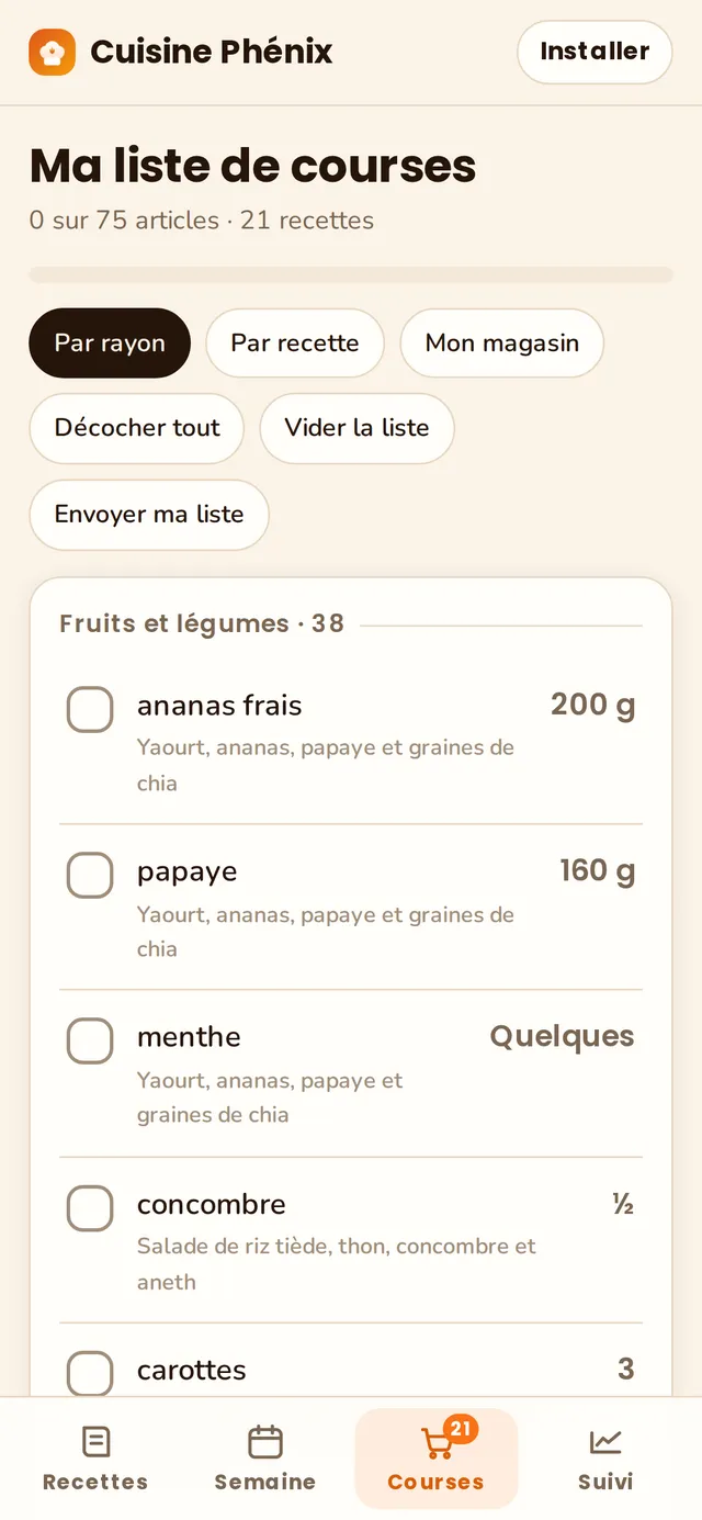 L'écran Ma liste de courses