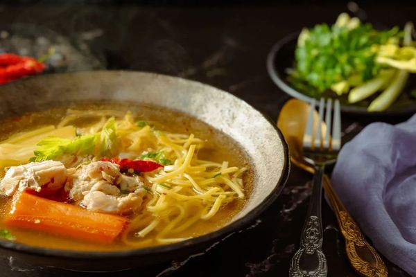 Bouillon de légumes, vermicelles de riz et poulet